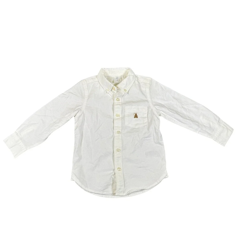 NWT Baby Gap Toddler Boys White Long Sleeve Button Down Shirt Bear Logo 4 Years